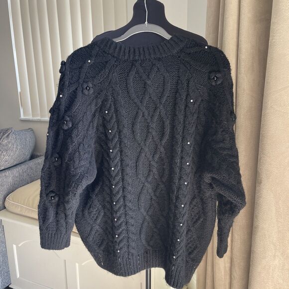 New Zara cardigan cable knit Oversized Jewel Rhinestones Beads Black sweater S - Picture 6 of 12